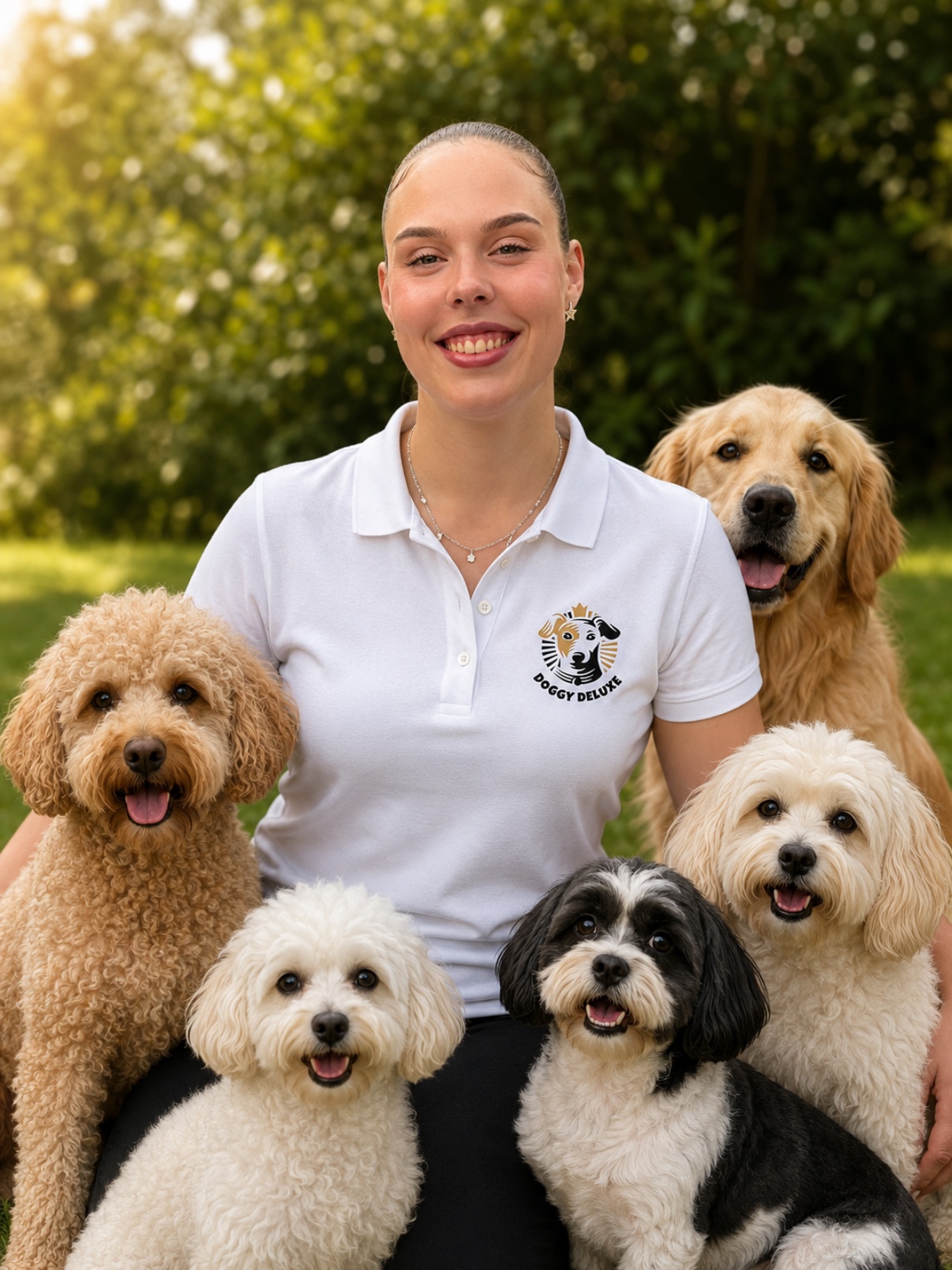 Team mit Hunden auf einer Wiese