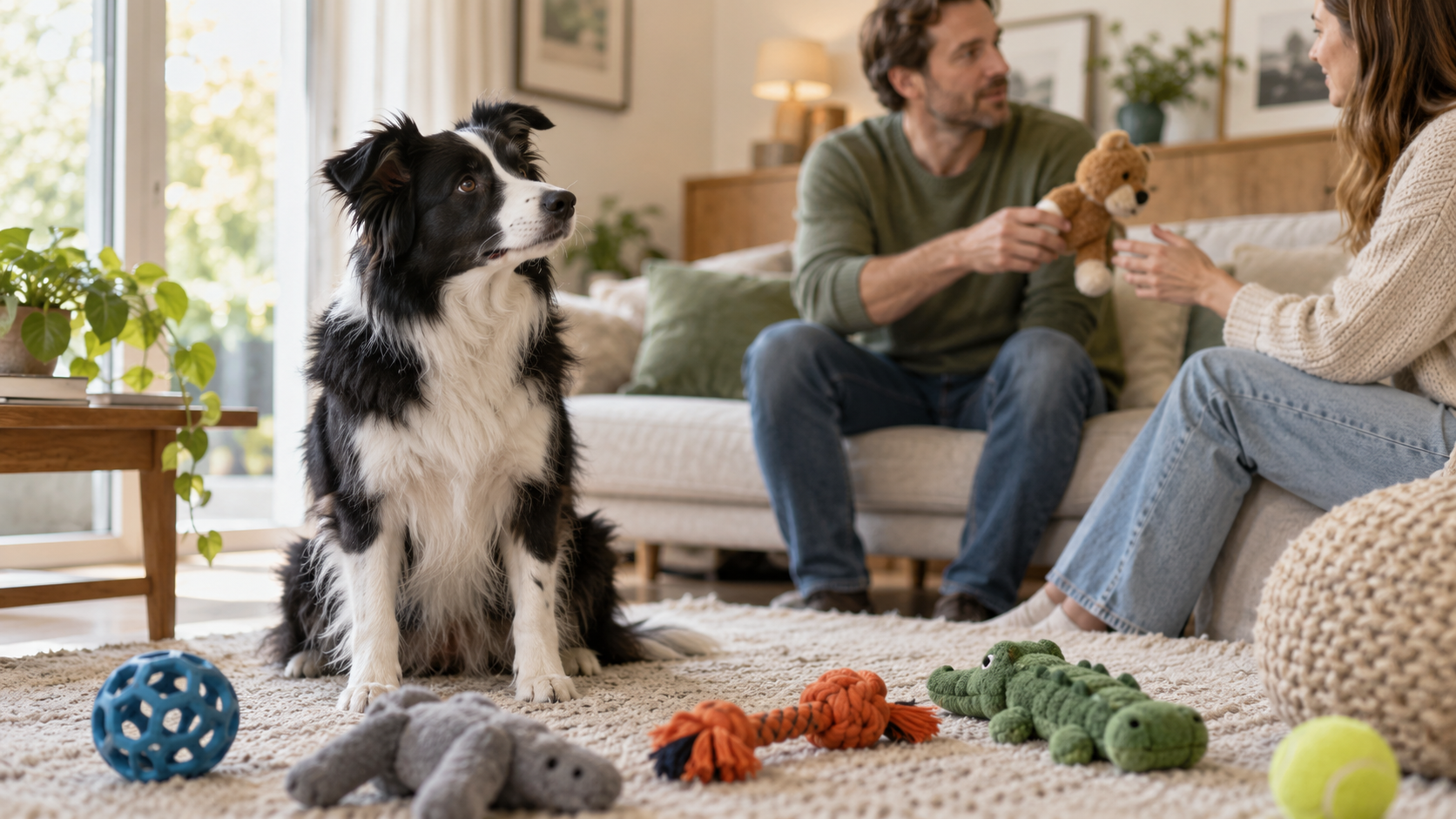 Gifted dog listening while people discuss a toy