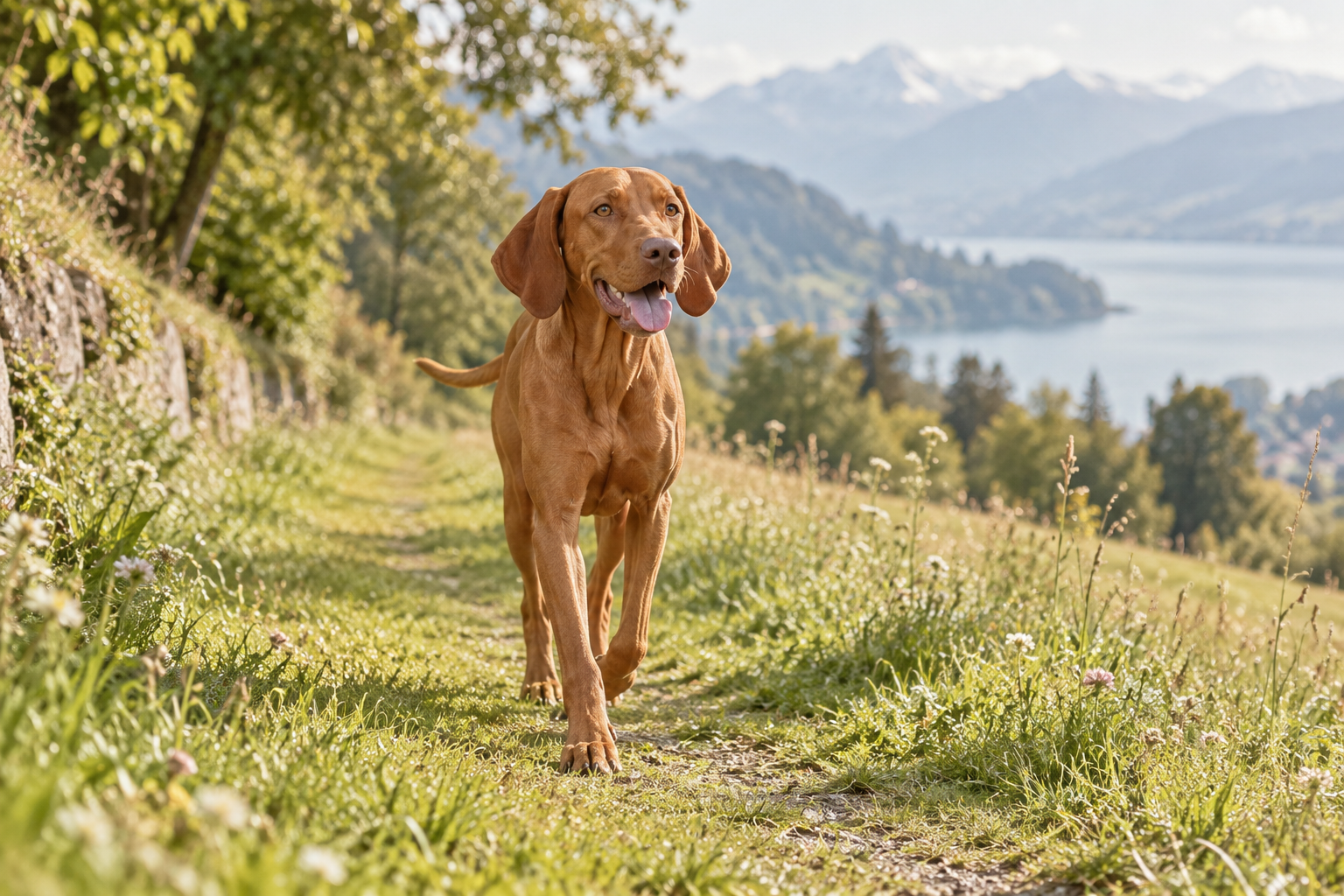 Hungarian Vizsla walking on a countryside path